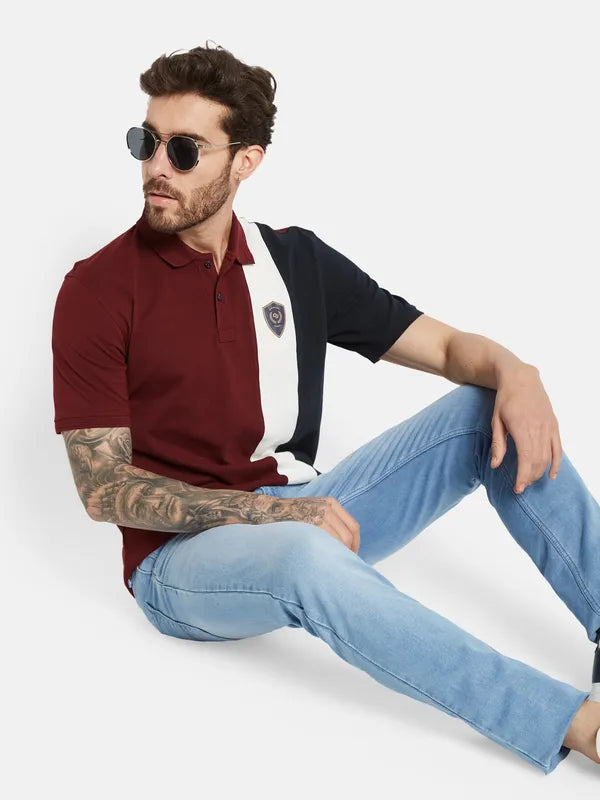 Octave Colourblocked Polo Collar Cotton T-Shirt