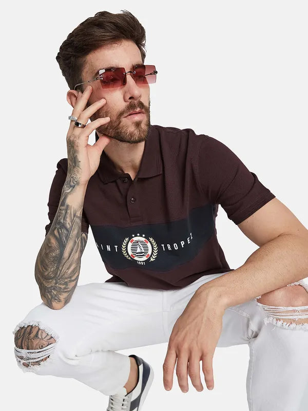 Octave Typography Printed Polo Collar Cotton T-Shirt