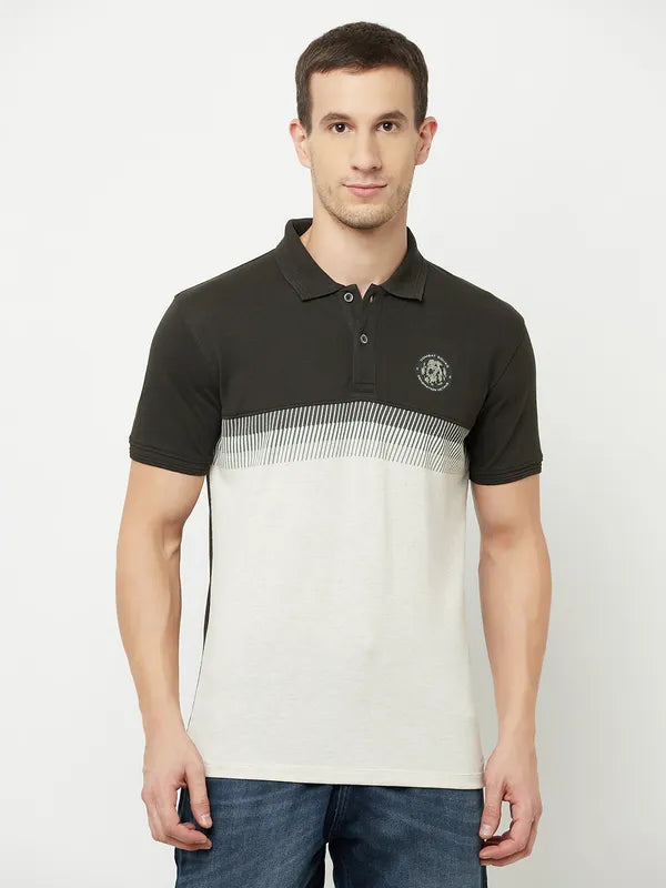 Octave Men Olive Green Colourblocked Polo Collar Applique T-Shirt