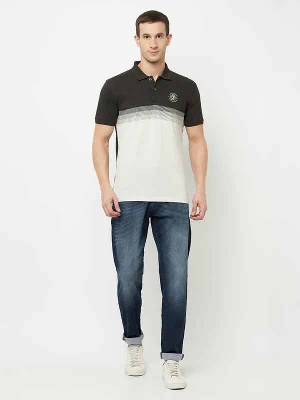 Octave Men Olive Green Colourblocked Polo Collar Applique T-Shirt