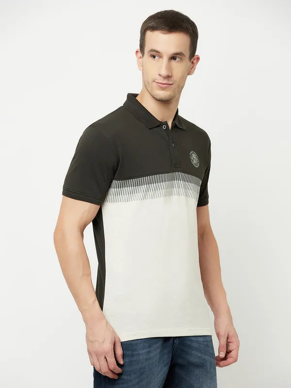 Octave Men Olive Green Colourblocked Polo Collar Applique T-Shirt