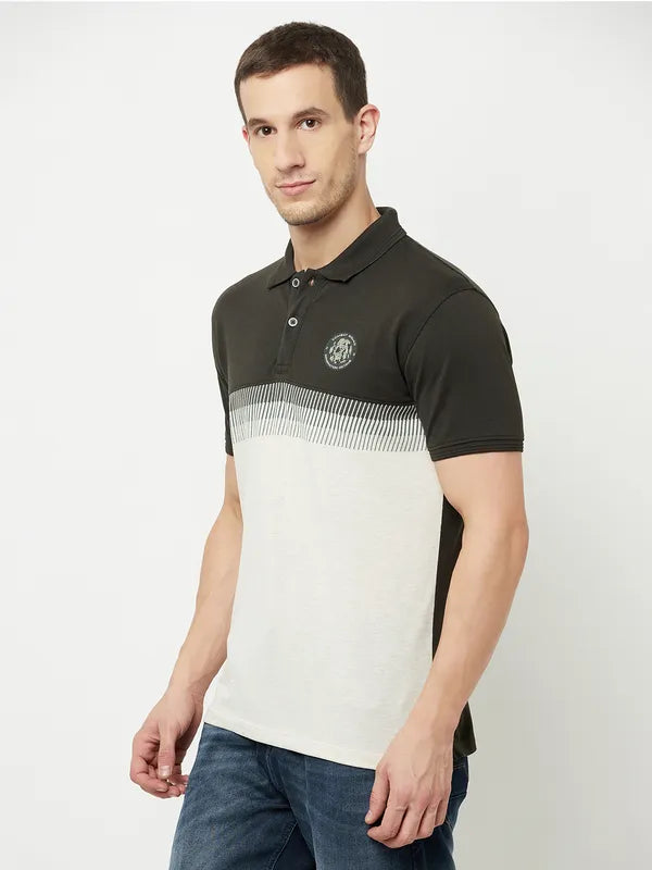 Octave Men Olive Green Colourblocked Polo Collar Applique T-Shirt