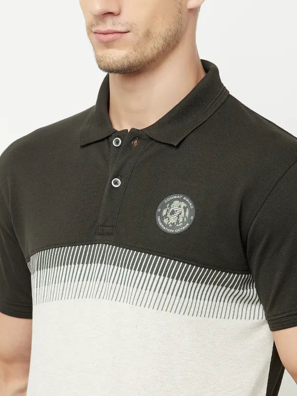 Octave Men Olive Green Colourblocked Polo Collar Applique T-Shirt