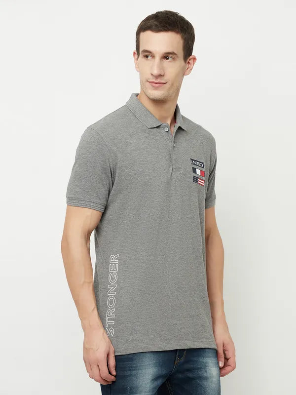 Octave Men Grey Polo Collar Applique T-Shirt