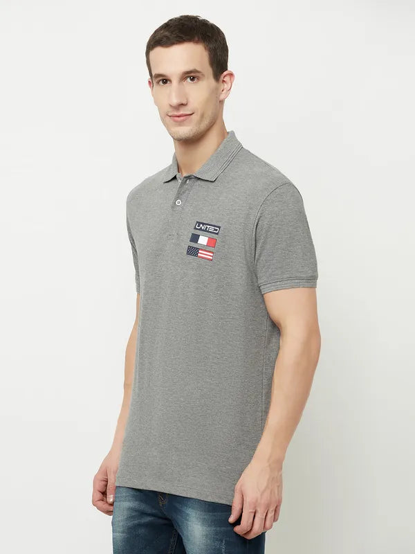 Octave Men Grey Polo Collar Applique T-Shirt