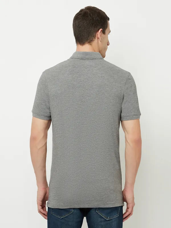 Octave Men Grey Polo Collar Applique T-Shirt