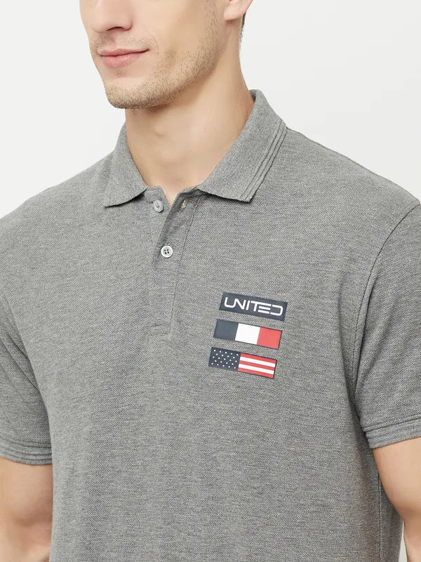 Octave Men Grey Polo Collar Applique T-Shirt