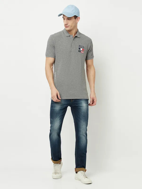 Octave Men Grey Polo Collar Applique T-Shirt