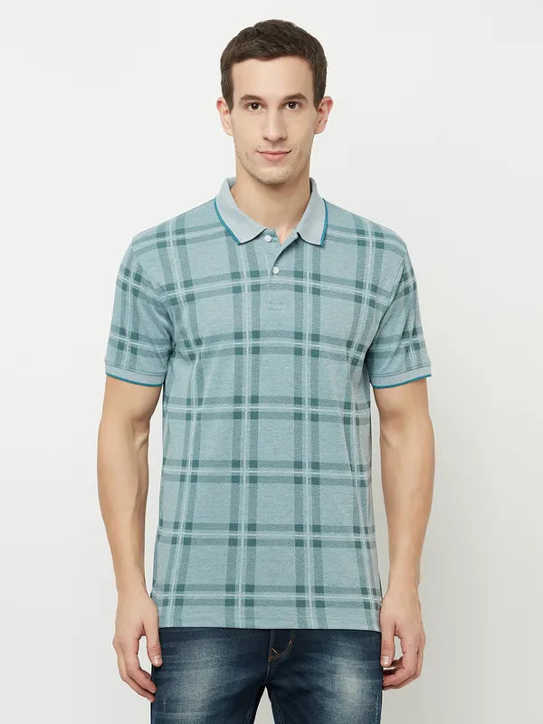 Octave Men Blue Checked Polo Collar T-Shirt