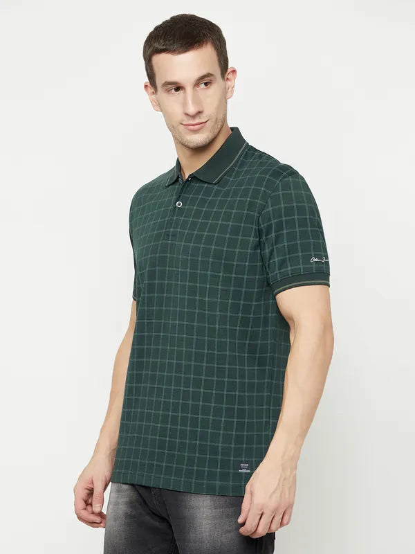 Octave Men Green Checked Polo Collar T-Shirt