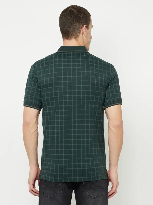Octave Men Green Checked Polo Collar T-Shirt
