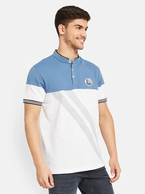 Cut And Sew Printed Mandarin Collar T-Shirt