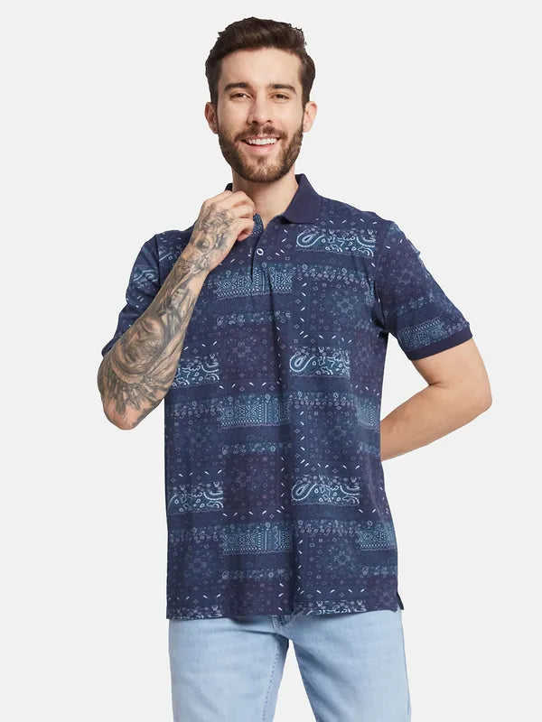Octave Polo Collar Short Sleeves Ethnic Printed Regular Fit Cotton T-Shirt