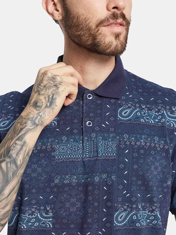 Octave Polo Collar Short Sleeves Ethnic Printed Regular Fit Cotton T-Shirt
