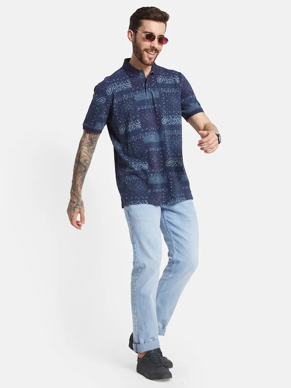 Octave Polo Collar Short Sleeves Ethnic Printed Regular Fit Cotton T-Shirt