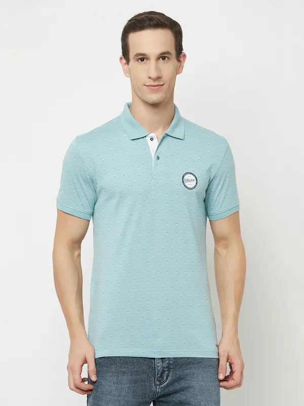 Octave Men Blue Eggshell Blue Polo Collar Applique T-Shirt