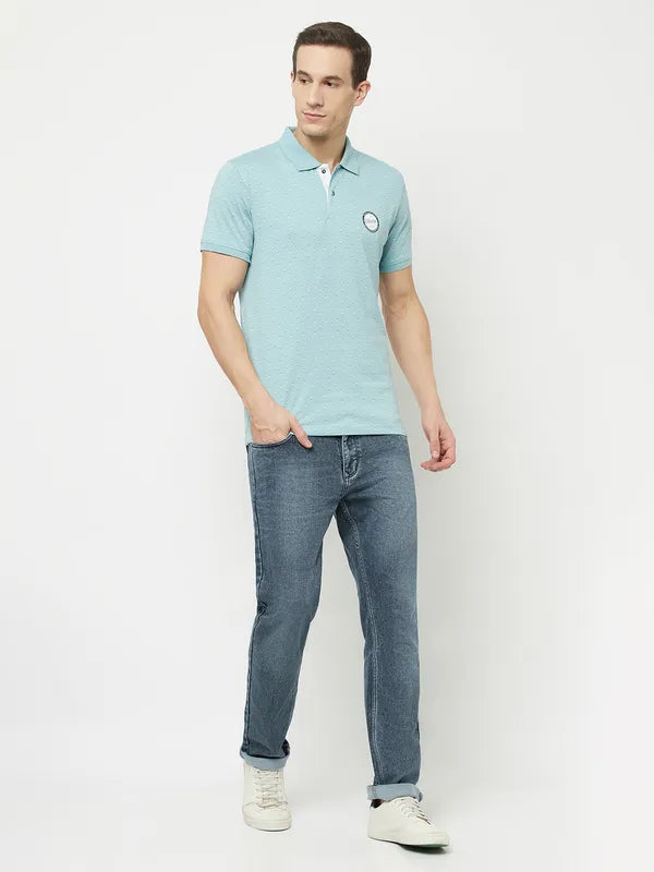 Octave Men Blue Eggshell Blue Polo Collar Applique T-Shirt
