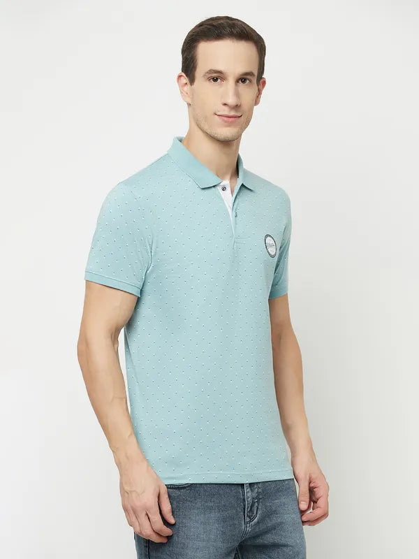 Octave Men Blue Eggshell Blue Polo Collar Applique T-Shirt
