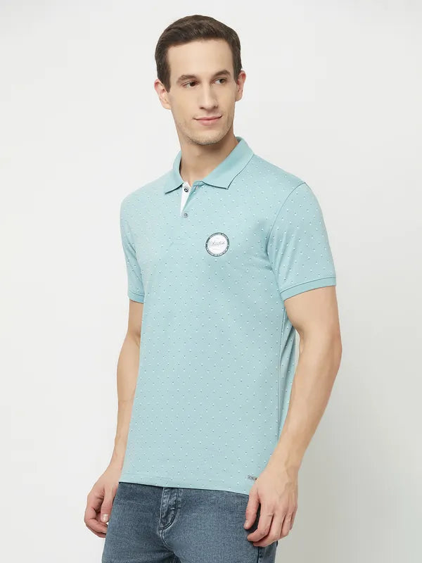 Octave Men Blue Eggshell Blue Polo Collar Applique T-Shirt