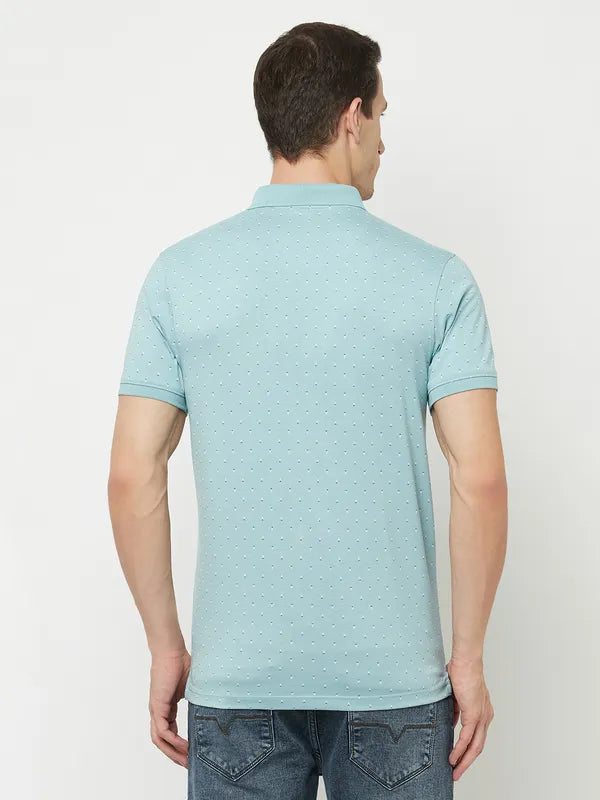 Octave Men Blue Eggshell Blue Polo Collar Applique T-Shirt