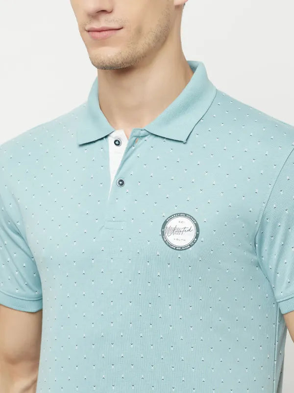 Octave Men Blue Eggshell Blue Polo Collar Applique T-Shirt