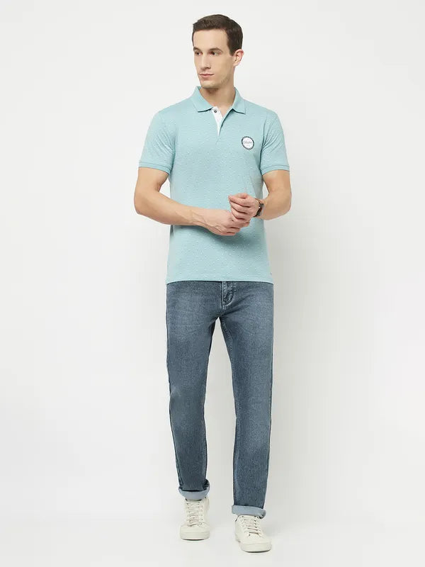 Octave Men Blue Eggshell Blue Polo Collar Applique T-Shirt