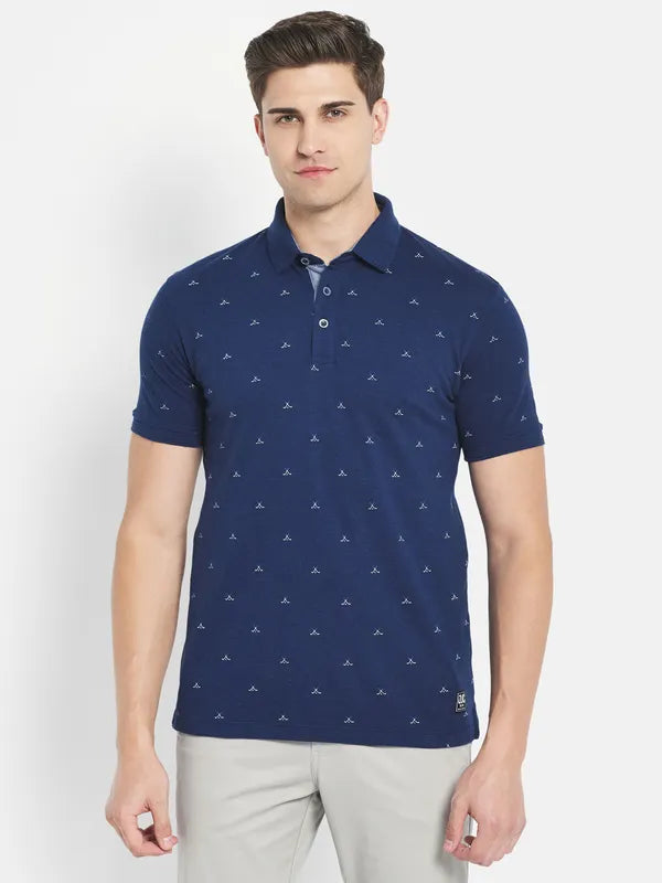 Octave Men Blue Printed Polo Collar T-Shirt