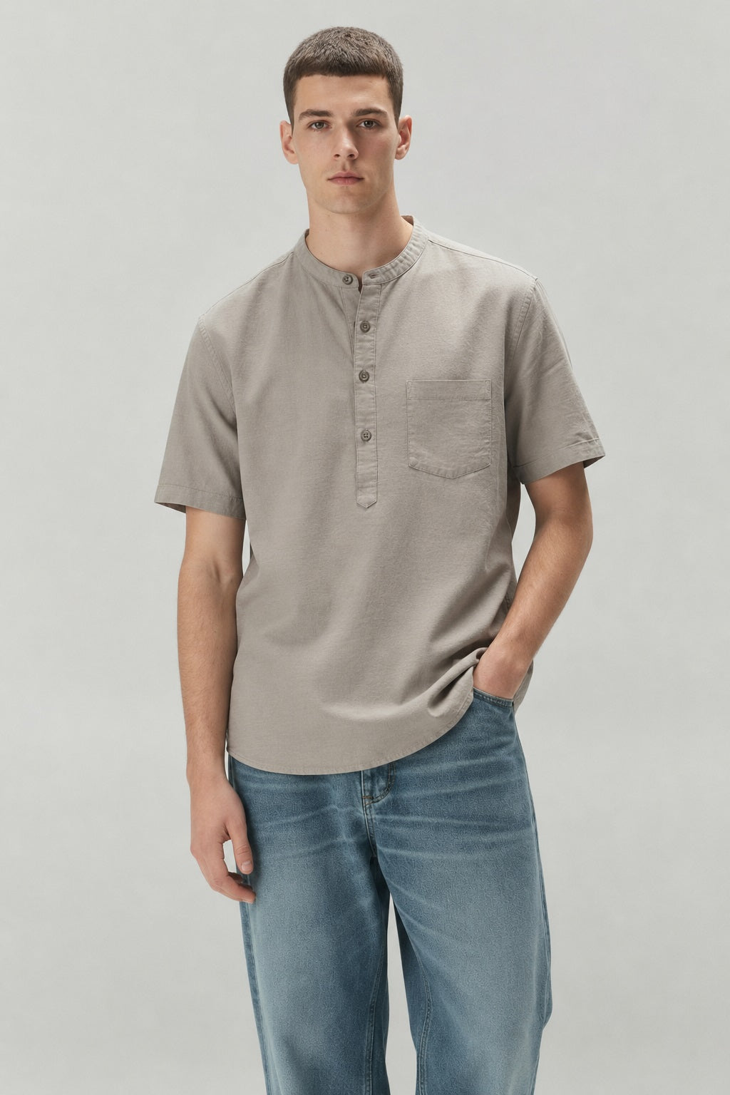 Men Mandarin Collar Pockets T-shirt