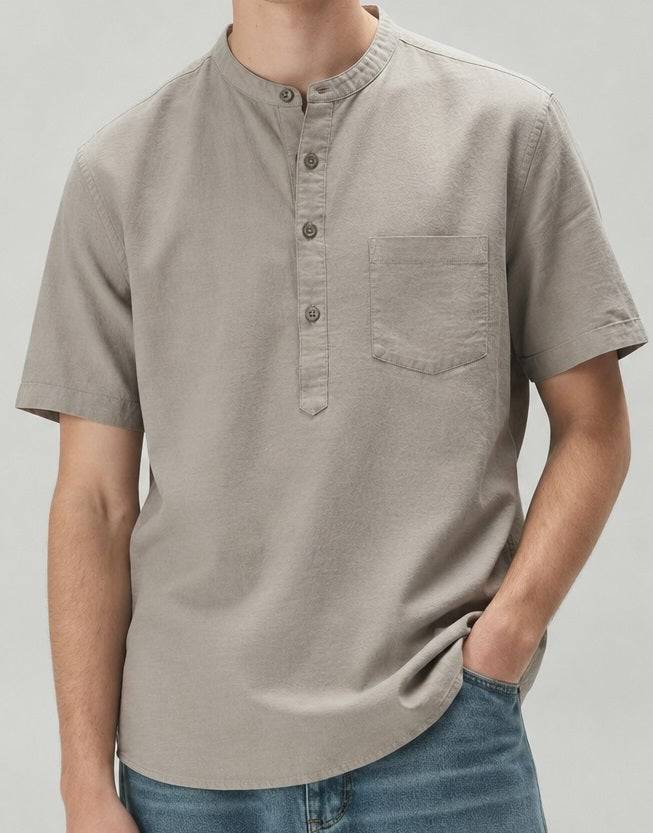 Men Aluminium Mandarin Collar Pockets T-shirt