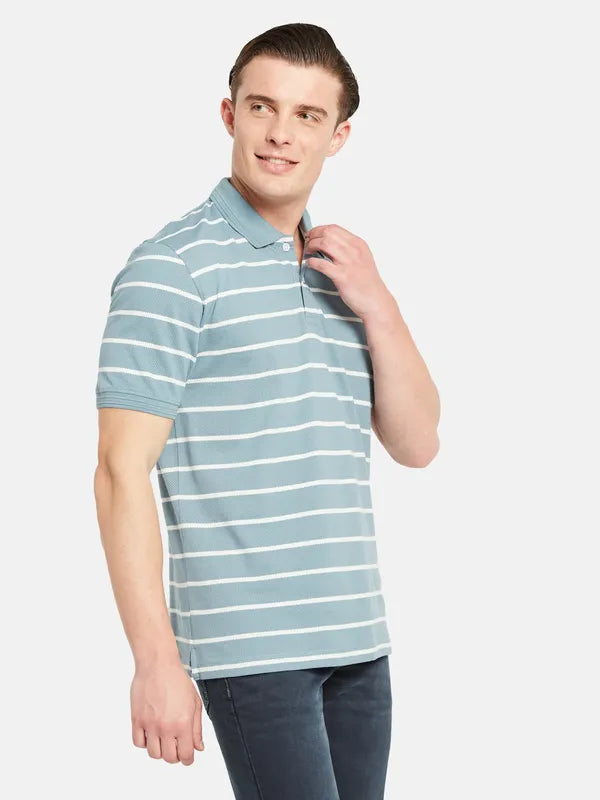 Octave Polo Collar Short Sleeveless Striped Regular Fit Cotton T-Shirt