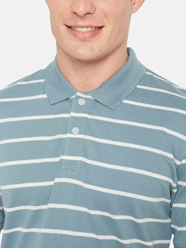 Octave Polo Collar Short Sleeveless Striped Regular Fit Cotton T-Shirt