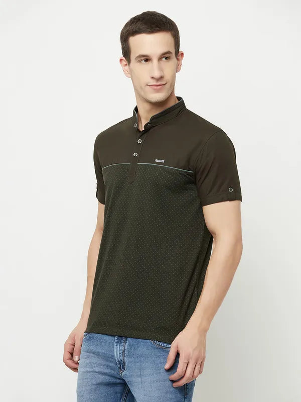 Octave Men Olive Green Mandarin Collar T-Shirt