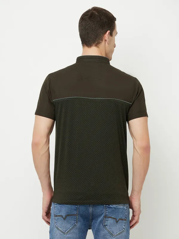 Octave Men Olive Green Mandarin Collar T-Shirt