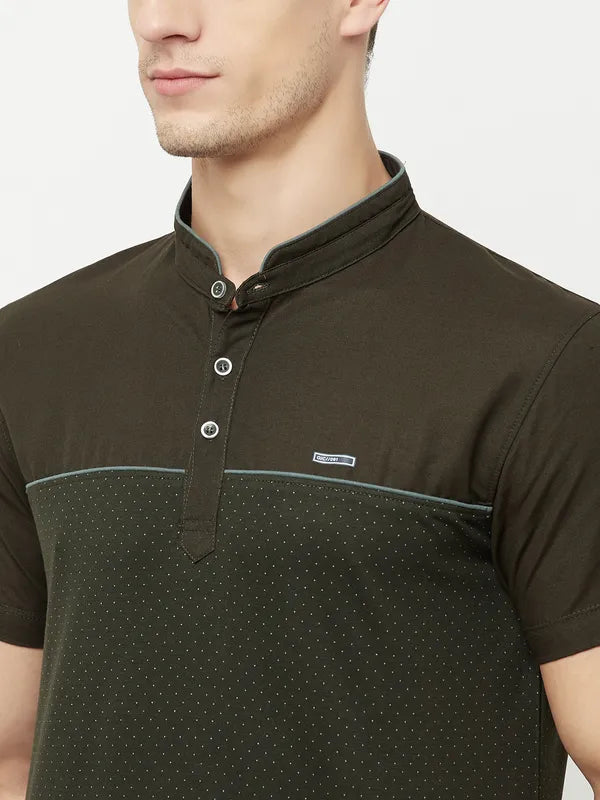 Octave Men Olive Green Mandarin Collar T-Shirt