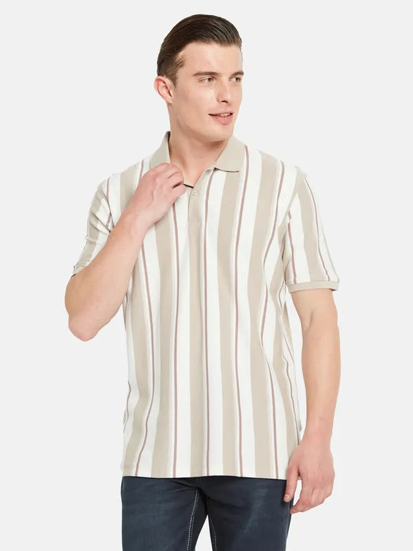 Octave Polo Collar Short Sleeveless Striped Regular Fit Cotton T-Shirt