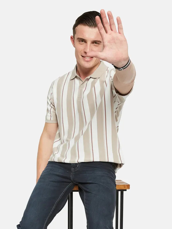 Octave Polo Collar Short Sleeveless Striped Regular Fit Cotton T-Shirt