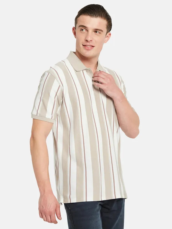 Octave Polo Collar Short Sleeveless Striped Regular Fit Cotton T-Shirt