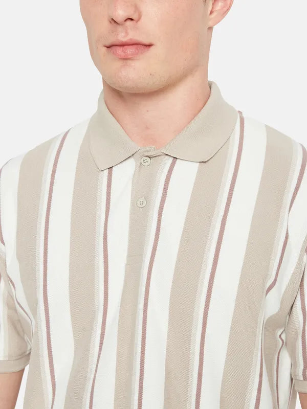 Octave Polo Collar Short Sleeveless Striped Regular Fit Cotton T-Shirt