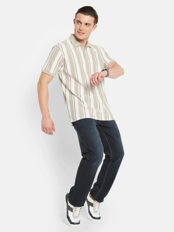 Octave Polo Collar Short Sleeveless Striped Regular Fit Cotton T-Shirt