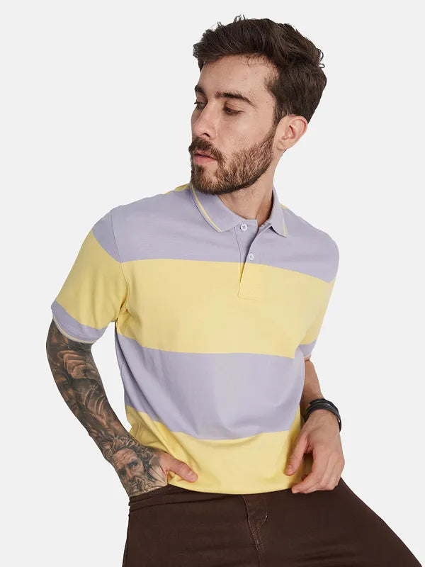 Octave Striped Polo Collar Short Sleeves Regular Fit Cotton T-Shirt
