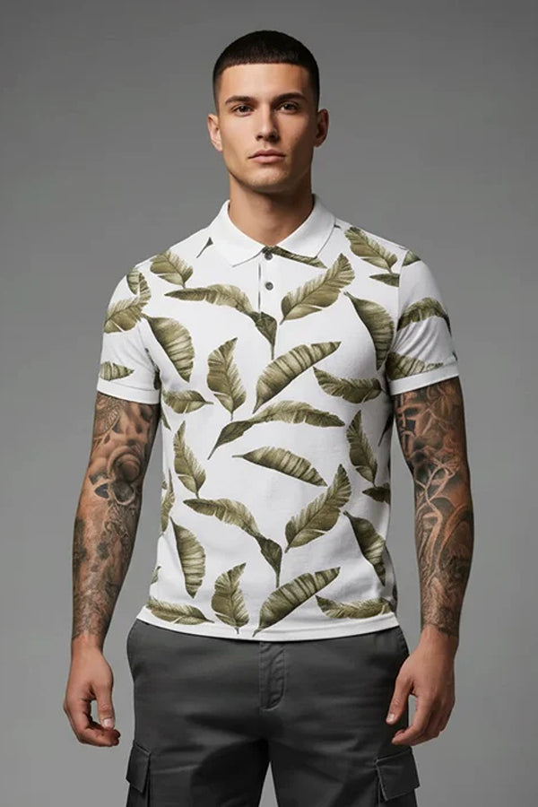 Men Floral Printed Polo Collar Tropical T-shirt