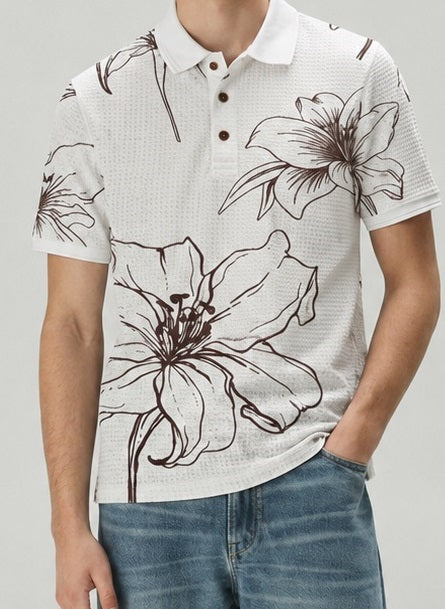 Men Tobacco Floral Printed Polo Collar T-shirt