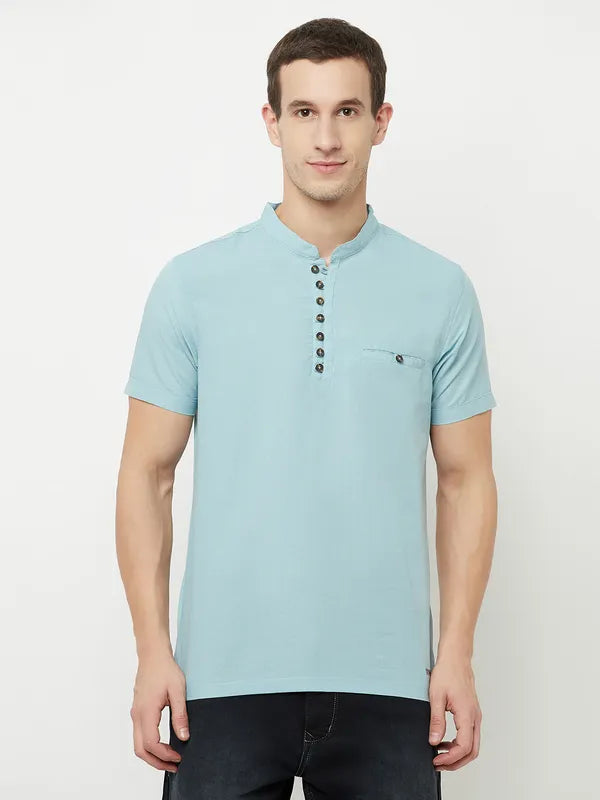 Octave Men Blue Mandarin Collar T-Shirt