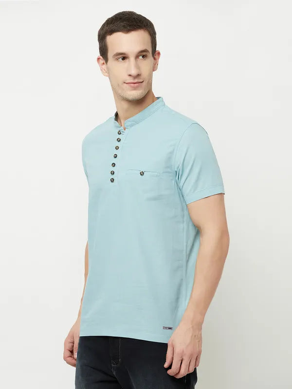 Octave Men Blue Mandarin Collar T-Shirt