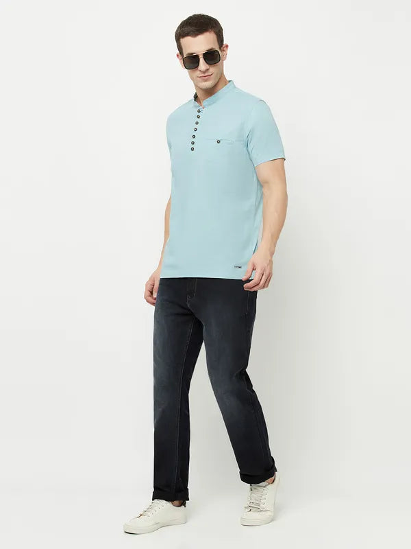Octave Men Blue Mandarin Collar T-Shirt