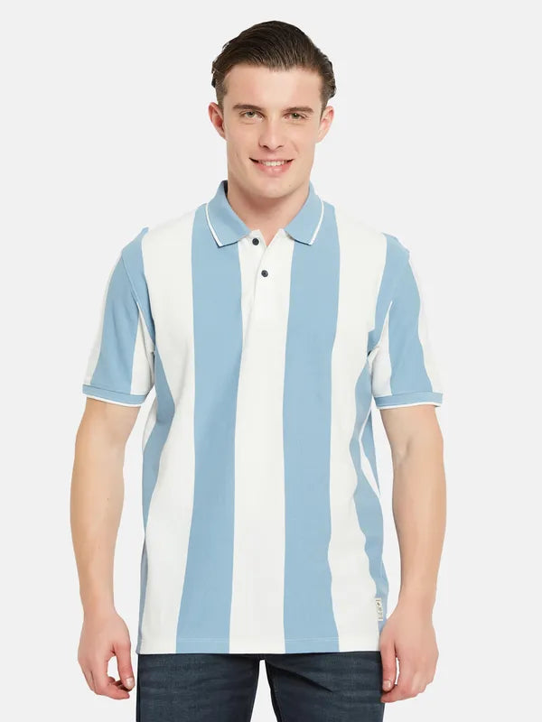 Octave Polo Collar Short Sleeveless Striped Regular Fit Cotton T-Shirt