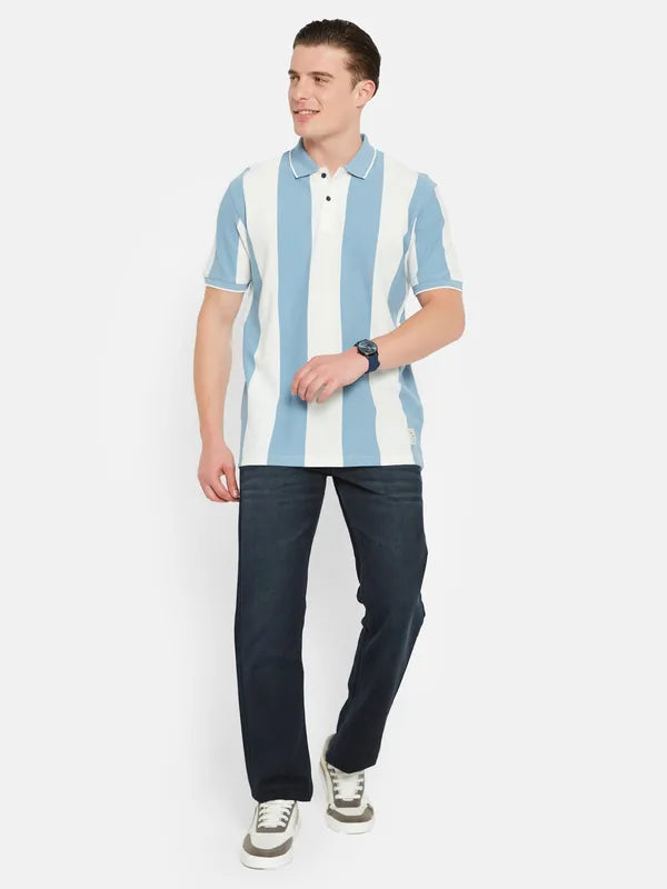 Octave Polo Collar Short Sleeveless Striped Regular Fit Cotton T-Shirt