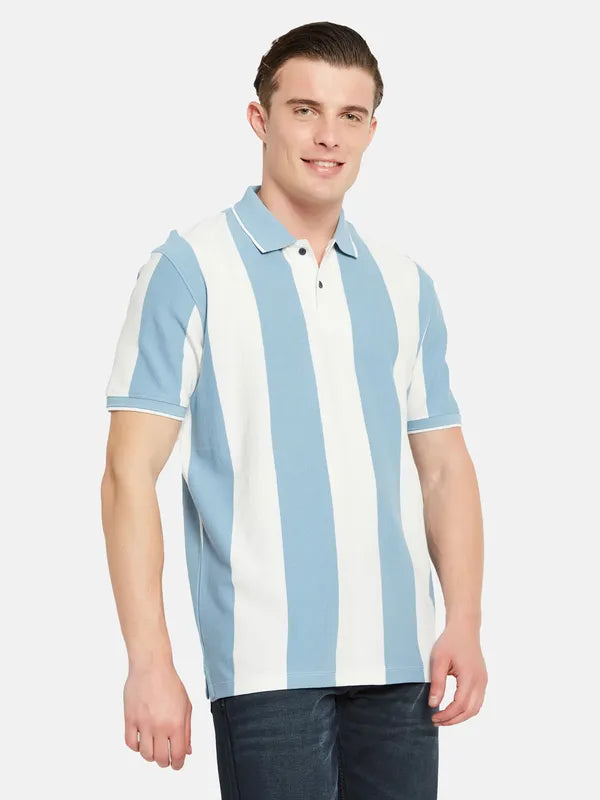 Octave Polo Collar Short Sleeveless Striped Regular Fit Cotton T-Shirt