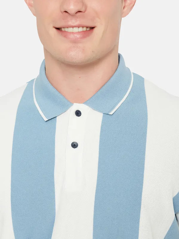 Octave Polo Collar Short Sleeveless Striped Regular Fit Cotton T-Shirt