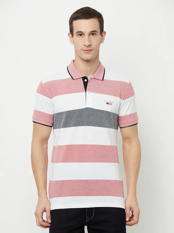 Octave Men Coral Bright Gray Striped Polo Collar Applique T-Shirt